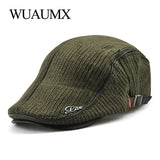 Wuaumx Autumn Winter Crochet Beret Buckle Hats For Men's Beret Cap Women Military Visors Thicken Wool Warmer Knitted Cap Casquette MartLion   