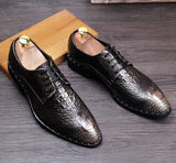 Men's Crocodile Grain Genuine Leather Dress Shoes Pointed Toe Casual Party Oxfords Lace-Up Flats Mart Lion   