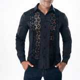 Luxury Floral Embroidery Lace Shirt Men's Transparent Dress See Trough Club Party Black Mart Lion   