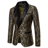 Black Jacquard Bronzing Floral Blazer Men's Luxury Brand Single Button Suit Jacket Wedding Party Stage Homme Mart Lion Gold S 