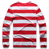 Red White Striped Long Sleeve T Shirts Tees Men's Round Neck Colorful Black White Stripes Casual Mart Lion   