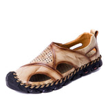 Summer Sandals Men's Breathable Genuine Leather Flats Casual Beach shoes Mart Lion Khaki 6.5 
