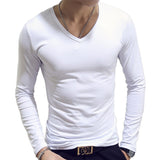 V Neck Men's T Shirts Plain Long Sleeve slim Fit Undershirt Armor Summer Casual Tee Tops Underwear White Black Mart Lion White M 