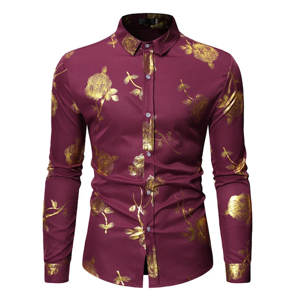  Men's Gold Rose Floral Print Shirts Floral Steampunk Chemise White Long Sleeve Wedding Party MartLion - Mart Lion