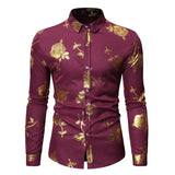 Men's Gold Rose Floral Print Shirts Floral Steampunk Chemise White Long Sleeve Wedding Party MartLion   