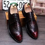 Men's Crocodile Grain Genuine Leather Dress Shoes Pointed Toe Casual Party Oxfords Lace-Up Flats Mart Lion   