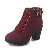 Women Boots Ankle Platform High Heels Lace Up Buckle Strap Shoes Thick Heel Short Boot Ladies MartLion Red 5 
