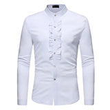 Men's Ruffle Tuxedo Dress Shirts Slim Fit Long Sleeve Stand Collar Prom Performing Wedding Chemise Homme MartLion   