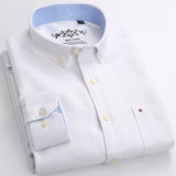 Men's Long Sleeve Oxford Plaid Striped Casual Shirt Front Patch Chest Pocket Regular-fit Button-down Collar Thick Work Shirts Mart Lion White 40 