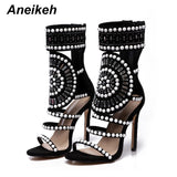 Aneikeh Women Open Toe Rhinestone Design High Heel Sandals Crystal Ankle Wrap Glitter Diamond Gladiator Black Mart Lion Black 4 