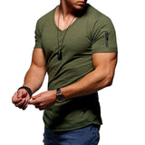 Men's V-neck T-shirt Fitness Bodybuilding High Street Summer Short-Sleeved Zipper Casual Cotton Top Mart Lion Army Green M 