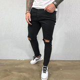 Men Jeans Knee Hole Ripped Stretch Skinny Denim Pants Solid Color Black Blue Summer MartLion   