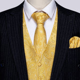 Barry Wang 8 Colors Men's Suit Vest Yellow Paisley Waistcoat Silk Tailored Collar V-neck Check Vest Tie Set Formal Leisure Mart Lion   