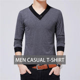 Men's Clothes Autumn Casual T-shirt V-neck Patchwork Color Design Top Tees Mart Lion   