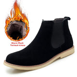 Winter Warm Plush Men's Boots Cow suede Chelsea Non-slip Snow Handmade Ankle Mart Lion Plush Black 6.5 