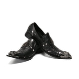 British Style Black Printing Formal Shoes Men's Metal Pointed Toe Real Leather Oxfords Evening Wedding Dress MartLion   