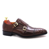 Men's Dress Shoes Genuine Leather Double Buckle Monk Strap Snake Print Cap Toe Classic MartLion   