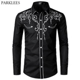 Stylish Western Cowboy Shirt Men's Brand Design Embroidery Slim Fit Casual Long Sleeve Wedding Party Mart Lion   