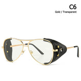 Vintage SteamPunk Pilot Style Sunglasses Leather Side Shield  Design Oculos Mart Lion C6 Gold Transparent  
