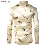 Feather Printed Silk Shirt Men's Satin Smooth Long Sleeve Casual Party Button Down Designer Shirts for Camisas Hombre MartLion   