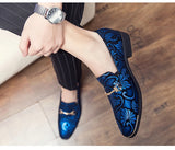 Men's Dress Leather Shoes Luxury British Gold Blue National Pattern Oxfords Classic Gentleman Wedding Prom MartLion   