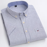 Men's Summer Casual Short Sleeve 100% Cotton Thin Oxford Shirt Single Patch Pocket Standard-fit Button-down Plaid Striped Mart Lion D511 41 