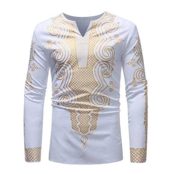  White Dashiki Print Shirt Men's Long Sleeve V Neck Clothing Hip Hop Streetwear Casual Chemise Homme MartLion - Mart Lion