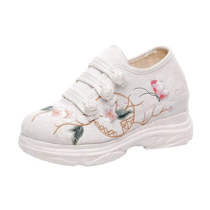 Veowalk Flower Embroidered Women Jacquard Clunky Sneakers Hidden Platform Soft Dorky Dad Shoes Chic Ladies Casual Creepers MartLion   