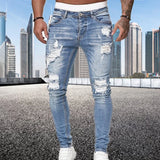 Street Style Ripped Skinny Jeans Men Vintage wash Solid Denim Trouser MartLion Light blue XXL 