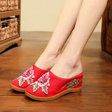 Veowalk Cotton Flower Appliques Women Canvas Wedge Slippers Summer Retro Ladies Med Heel Slides Mules Comfort Platforms Shoes MartLion Red 8.5 