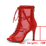 Women Dance Sandals High Heels Open Toe Zipper Black Air Mesh Comfort Dancing Shoes Ladies Mart Lion Red-7cm 34 