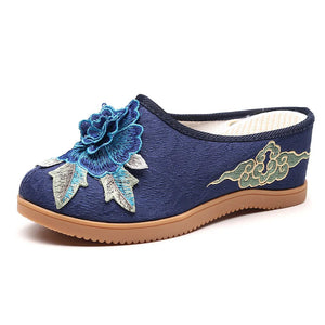 Veowalk Cotton Flower Appliques Women Canvas Wedge Slippers Summer Retro Ladies Med Heel Slides Mules Comfort Platforms Shoes MartLion   