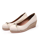 Women's Wedge Sandals Spring Autumn Metal Button High Thick-heeled Platform Shoes Straw MartLion Beige 40 