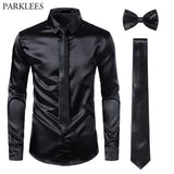 Black Men's Silk Dress Shirts 3Pcs(Shirt +Tie+Bowtie) Smooth Satin Slim Fit Party Prom Casual Social Camisa Mart Lion   