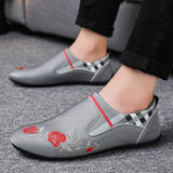 Summer Men's Casual Shoes Embroidery Flower Slip-On Soft Massage Moccasins Loafers Flats Footwear Driving Walking Mart Lion   
