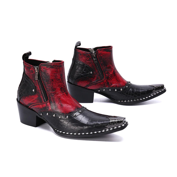 Real Crocodile Leather Men's Cowboy Ankle Boots Rivets Motorcycle Short Increase Height Party Dress Social MartLion   