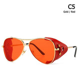 Vintage SteamPunk Pilot Style Sunglasses Leather Side Shield  Design Oculos Mart Lion C5 Gold Red  