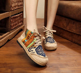 High Top Cotton Embroidered Women Casual Linen Flat Shoes Handmade Lace Up Thick Hemp Soled Canvas Sneakers MartLion   