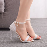 Crystal Queen Bride Wedding Shoes White Stiletto Woman Ankle Strap Party Dress Sandals Open Toe High Heels Pumps Female MartLion   