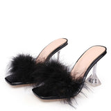 Summer Woman Pumps Transparent Perspex High Heels Color Feather Fur Peep Toe Mules Slippers Ladies Slides Shoes Sandals Mart Lion Black 34 China