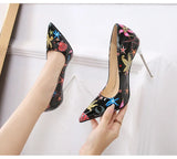 Shallow Pointed Toe Cartoon Print Stilettos Pumps Women Wedding Shoes Spring High Heels office MartLion   