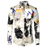 Feather Printed Silk Shirt Men's Satin Smooth Long Sleeve Casual Party Button Down Designer Shirts for Camisas Hombre MartLion as picture show 1 USA S 