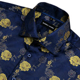 Barry Wang Gold Rose Paisley Silk Shirt Men's Long Sleeve Casual Flower Shirts Designer Fit Dress MartLion   