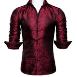 Barry Wang Luxury Red Paisley Silk Shirts Men's Long Sleeve Casual Flower Shirts Designer Fit Dress MartLion   