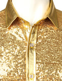 Men's Disco Shiny Gold Sequin Metallic Design Dress Shirt Long Sleeve Button Down Christmas Halloween Bday Party Stage Mart Lion   