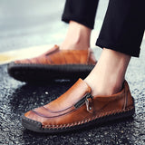  Summer Genuine Leather Men's Loafers Flats Zip Casual Shoes Luxury Brand Breathable Slip on Brown Driving Mart Lion - Mart Lion