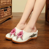 Veowalk Cotton Flower Appliques Women Canvas Wedge Slippers Summer Retro Ladies Med Heel Slides Mules Comfort Platforms Shoes MartLion WHITE 5 