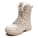 Military Boots Leather Combat Boots Men's and Woman Fur Plush Winter Snow Outdoor Army Shoes MartLion Beige 36 
