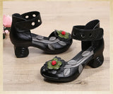 Genuine Leather Retro Style Chunky Heel Sandals Flower Open Toe Handmade Women High-Heeled Shoes MartLion   