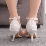 Crystal Queen Bride Wedding Shoes White Stiletto Woman Ankle Strap Party Dress Sandals Open Toe High Heels Pumps Female MartLion   